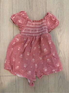 Rose Pink Floral Smocked Cotton Romper